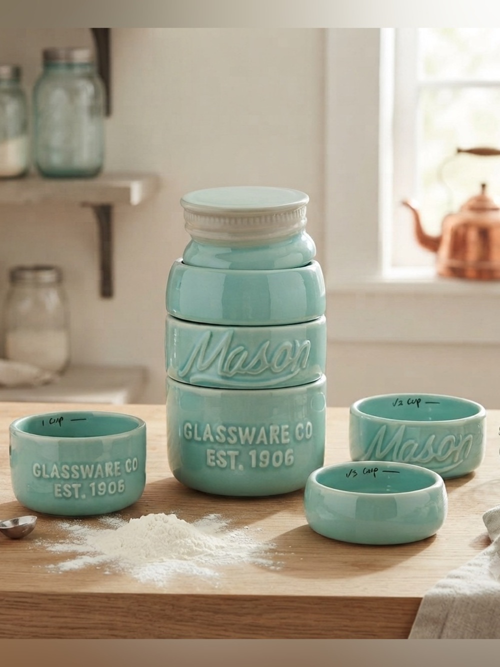 Mason Jar Style Ceramic Measuring Cups Set Blue Nesting 1 Cup to 1/4 Turquoise